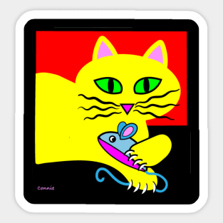 Yellow Cat with Catnip Mouse Sticker